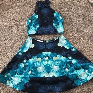 Floral print blue two piece dress